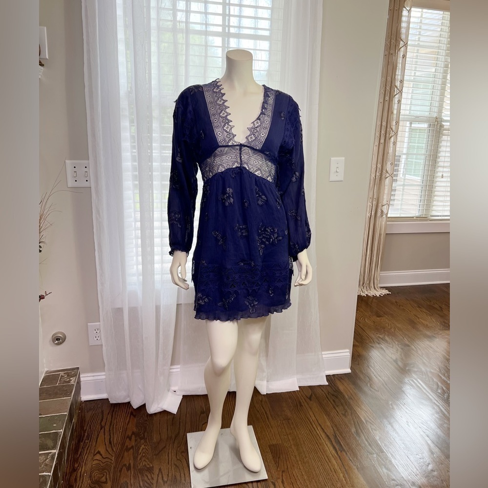 18- Navy Blue Lace Trimmed Puff sleeve Boho Style Dress